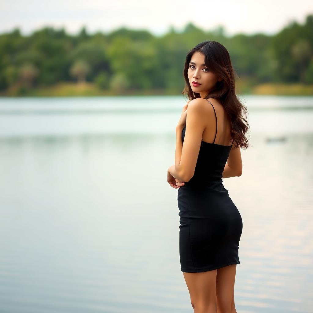 A full body shot of a model wearing a mini black dress, with a romantic elegance, standing by a serene lake