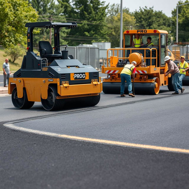 A scene featuring an automated black and gold robotic roller machine labeled 'PROG' actively smoothing asphalt