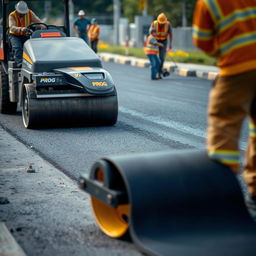 A scene featuring an automated black and gold robotic roller machine labeled 'PROG' actively smoothing asphalt