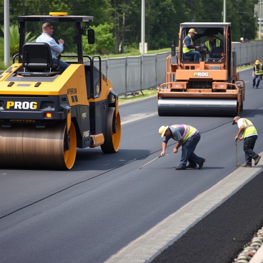 A scene featuring an automated black and gold robotic roller machine labeled 'PROG' actively smoothing asphalt