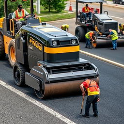 A scene featuring an automated black and gold robotic roller machine labeled 'PROG' actively smoothing asphalt