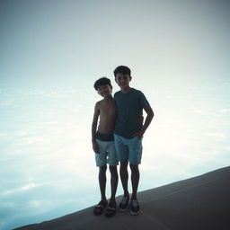 Two teenage boys standing beside a luminous sea, where the water itself is made of light