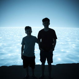 Two teenage boys standing beside a luminous sea, where the water itself is made of light