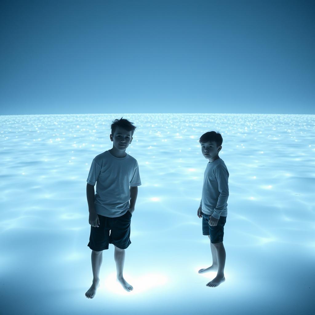 Two teenage boys standing beside a luminous sea, where the water itself is made of light