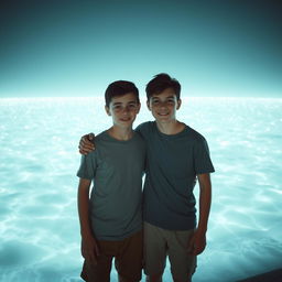 Two teenage boys standing beside a luminous sea, where the water itself is made of light