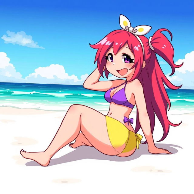 Chara from the game Undertale depicted as a playful, carefree character wearing a bright and colorful bikini on a sunny beach