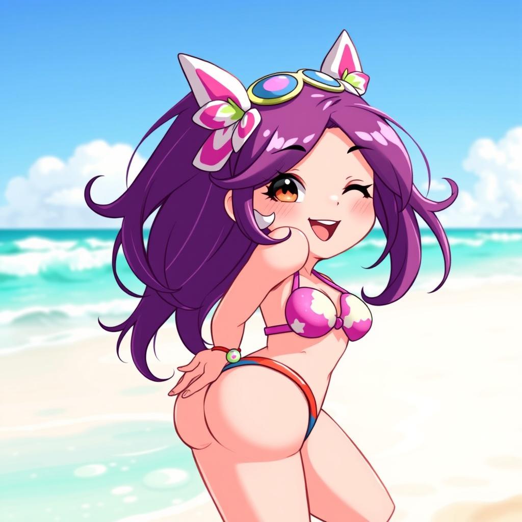 Chara from the game Undertale depicted as a playful, carefree character wearing a bright and colorful bikini on a sunny beach