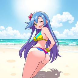 Chara from the game Undertale depicted as a playful, carefree character wearing a bright and colorful bikini on a sunny beach