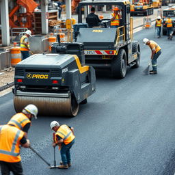 A scene featuring an automated black and gold robotic roller machine labeled 'PROG' actively smoothing asphalt