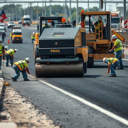 A scene featuring an automated black and gold robotic roller machine labeled 'PROG' actively smoothing asphalt