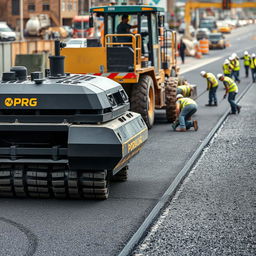 A scene featuring an automated black and gold robotic roller machine labeled 'PROG' actively smoothing asphalt