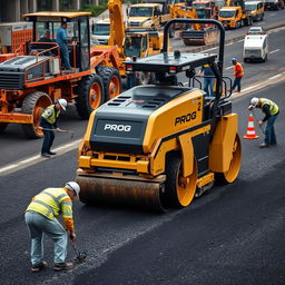 A scene featuring an automated black and gold robotic roller machine labeled 'PROG' actively smoothing asphalt