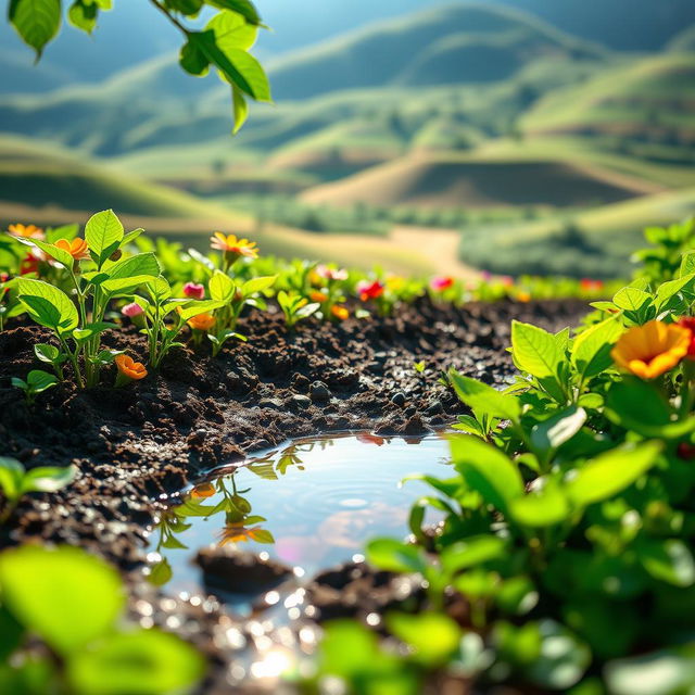 A creative render photo showcasing the dynamic relationship between water and soil in a vibrant, colorful agricultural landscape