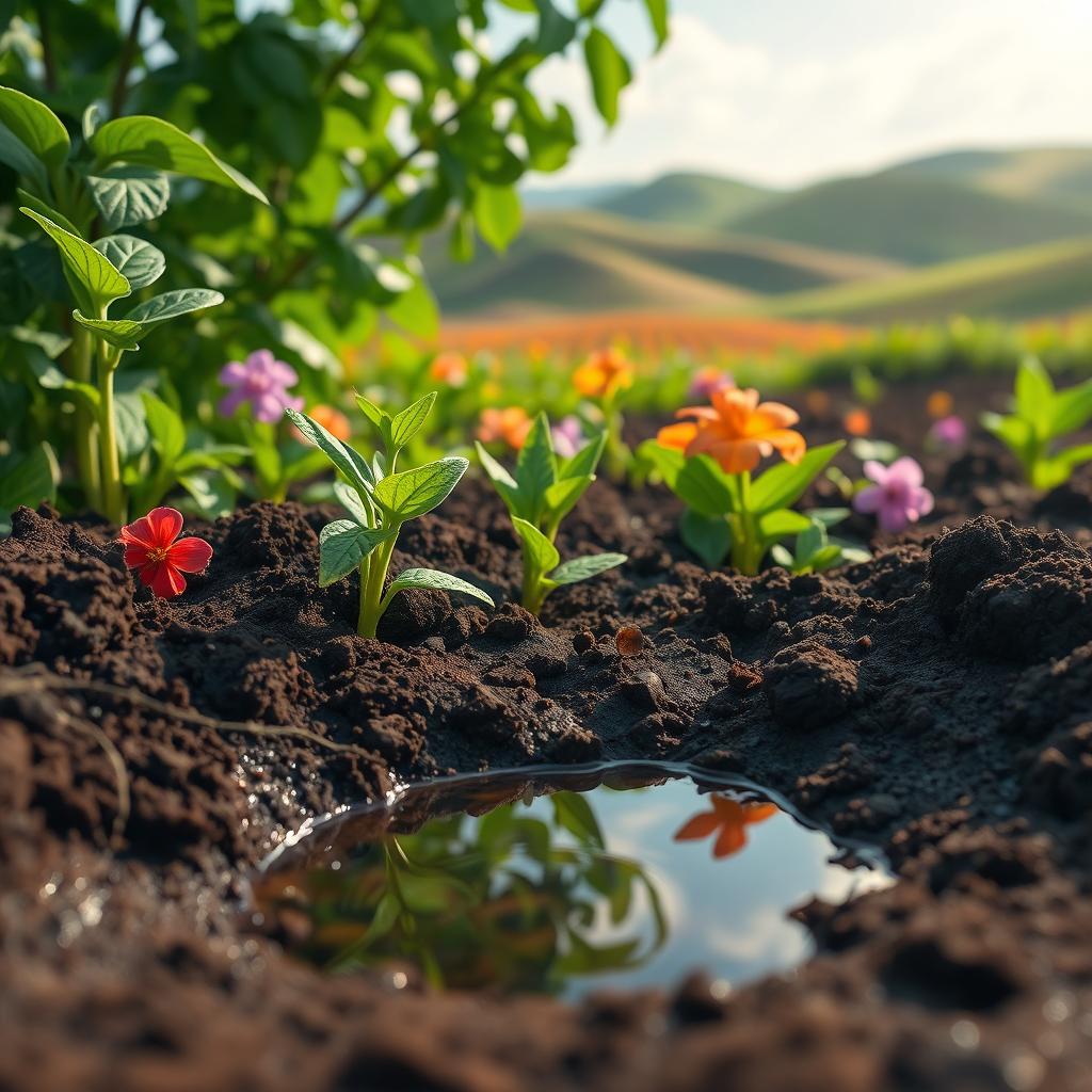 A creative render photo showcasing the dynamic relationship between water and soil in a vibrant, colorful agricultural landscape