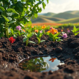 A creative render photo showcasing the dynamic relationship between water and soil in a vibrant, colorful agricultural landscape