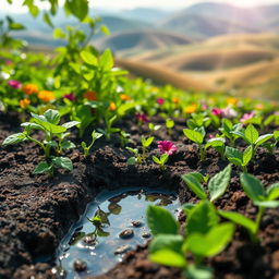A creative render photo showcasing the dynamic relationship between water and soil in a vibrant, colorful agricultural landscape