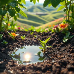 A creative render photo showcasing the dynamic relationship between water and soil in a vibrant, colorful agricultural landscape