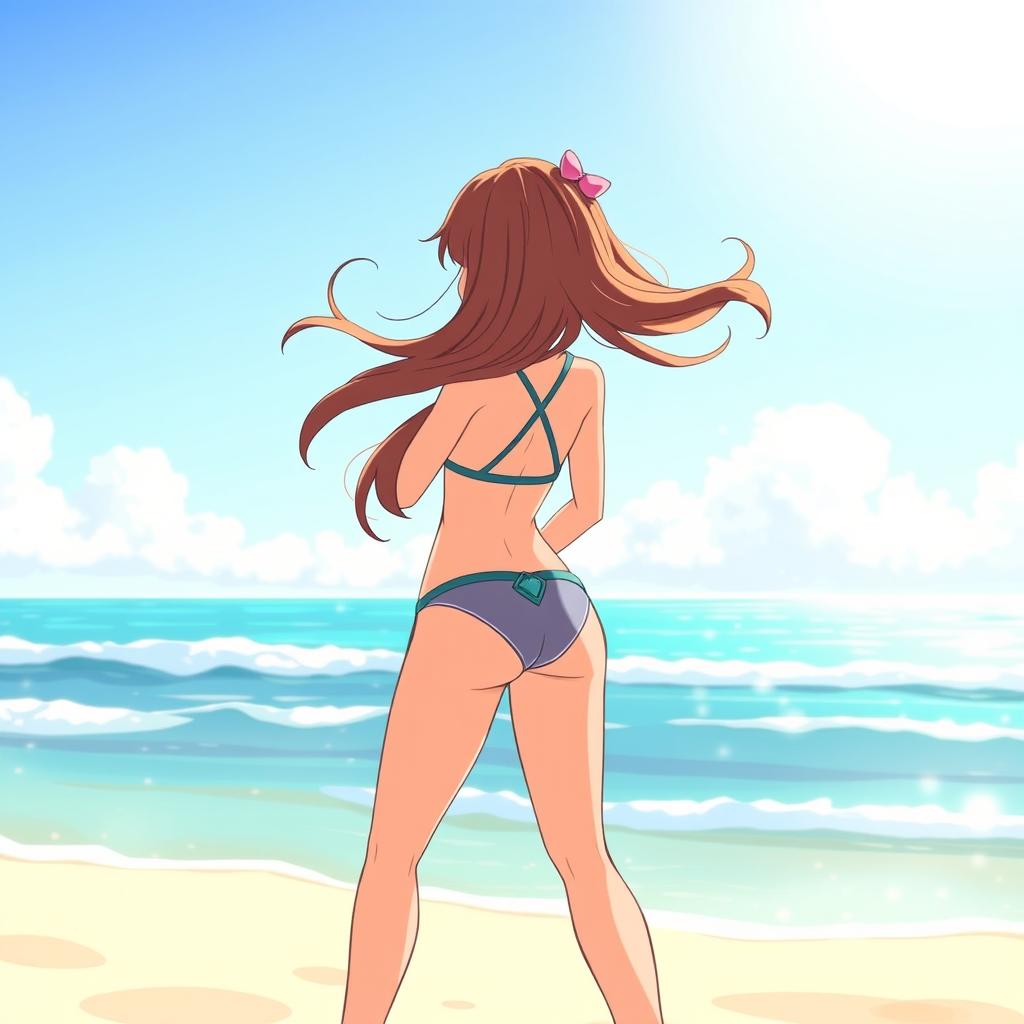Chara from the game Undertale depicted wearing a stylish bikini and facing away from the viewer, showcasing her playful and carefree spirit on a vibrant beach