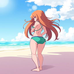 Chara from the game Undertale depicted wearing a stylish bikini and facing away from the viewer, showcasing her playful and carefree spirit on a vibrant beach
