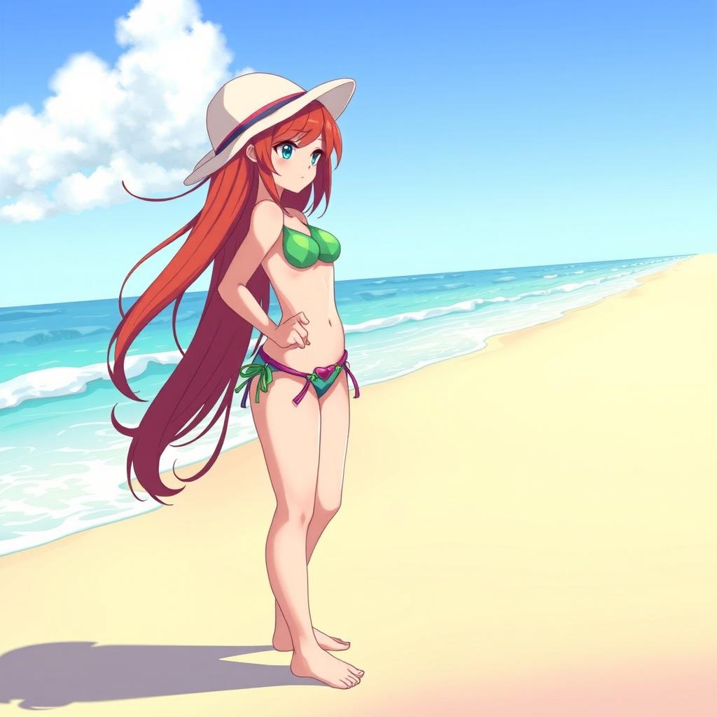 Chara from Undertale wearing a vibrant and stylish bikini, looking away from the camera with a serene expression