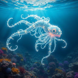 A majestic sea monster made entirely of shimmering light, gracefully swimming through a vast ocean of luminous colors