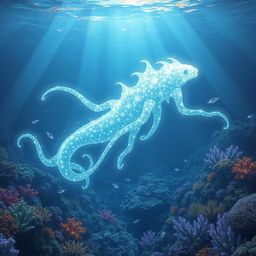 A majestic sea monster made entirely of shimmering light, gracefully swimming through a vast ocean of luminous colors