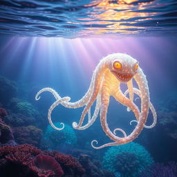 A majestic sea monster made entirely of shimmering light, gracefully swimming through a vast ocean of luminous colors
