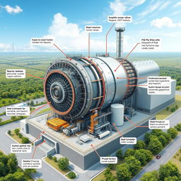 A highly detailed and technical illustration of an Advanced Gas-Cooled Reactor (AGR), showcasing its complex design