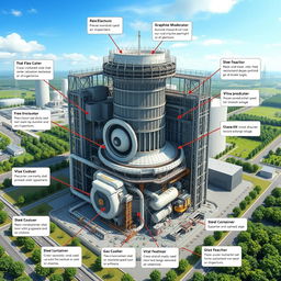 A highly detailed and technical illustration of an Advanced Gas-Cooled Reactor (AGR), showcasing its complex design
