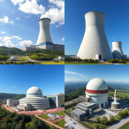A collection of high-definition photographs showcasing various types of nuclear reactors, including a large, modern reactor with a cooling tower, a vintage reactor design, and a research reactor, all set in lush green landscapes and under clear blue skies