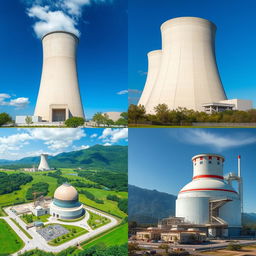 A collection of high-definition photographs showcasing various types of nuclear reactors, including a large, modern reactor with a cooling tower, a vintage reactor design, and a research reactor, all set in lush green landscapes and under clear blue skies