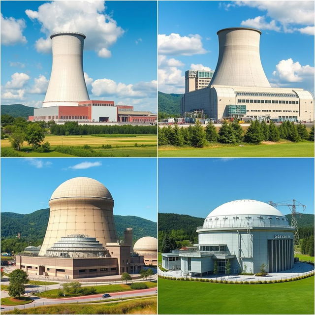 A collection of high-definition photographs showcasing various types of nuclear reactors, including a large, modern reactor with a cooling tower, a vintage reactor design, and a research reactor, all set in lush green landscapes and under clear blue skies