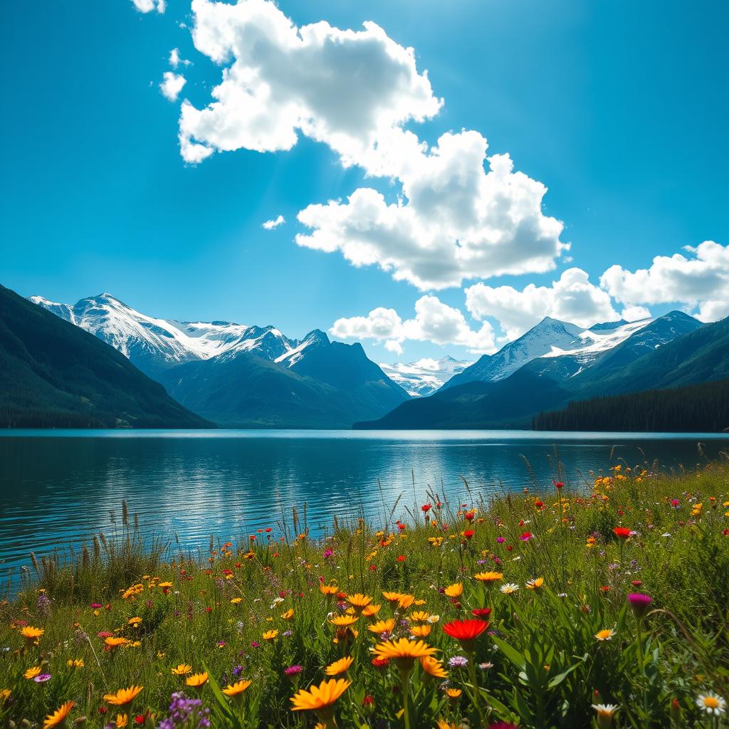 A serene landscape featuring a tranquil lake surrounded by majestic snow-capped mountains, under a bright blue sky adorned with fluffy white clouds