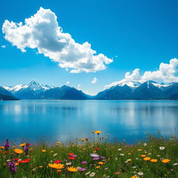 A serene landscape featuring a tranquil lake surrounded by majestic snow-capped mountains, under a bright blue sky adorned with fluffy white clouds