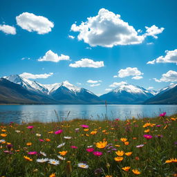 A serene landscape featuring a tranquil lake surrounded by majestic snow-capped mountains, under a bright blue sky adorned with fluffy white clouds