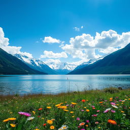 A serene landscape featuring a tranquil lake surrounded by majestic snow-capped mountains, under a bright blue sky adorned with fluffy white clouds