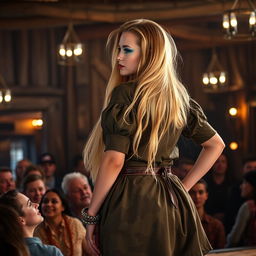 A striking photograph taken from the back of a medieval saloon, presenting a stunning 18-year-old girl with long, flowing blond hair