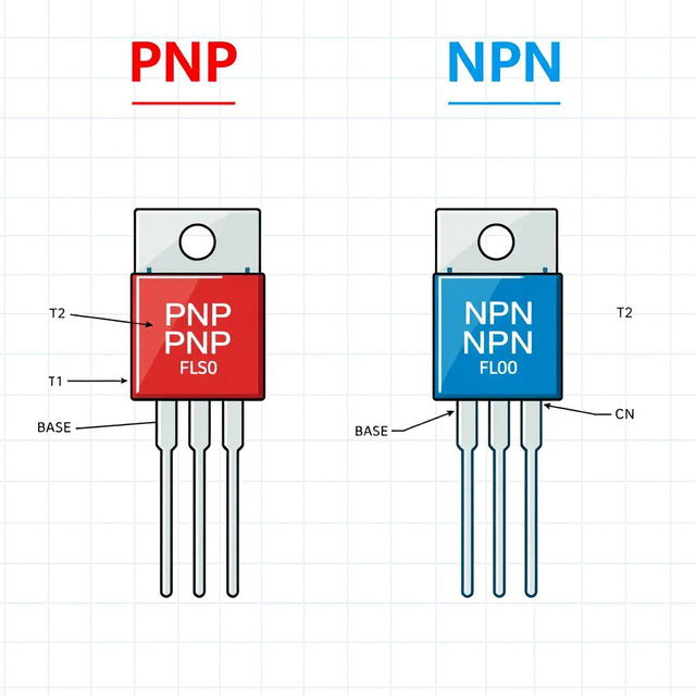 An educational illustration showing both a PNP and an NPN transistor side by side, with detailed labels highlighting their components such as the collector, base, and emitter