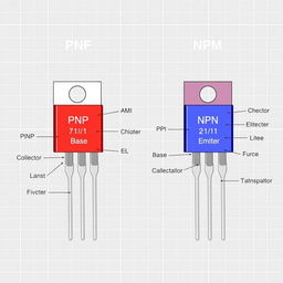 An educational illustration showing both a PNP and an NPN transistor side by side, with detailed labels highlighting their components such as the collector, base, and emitter
