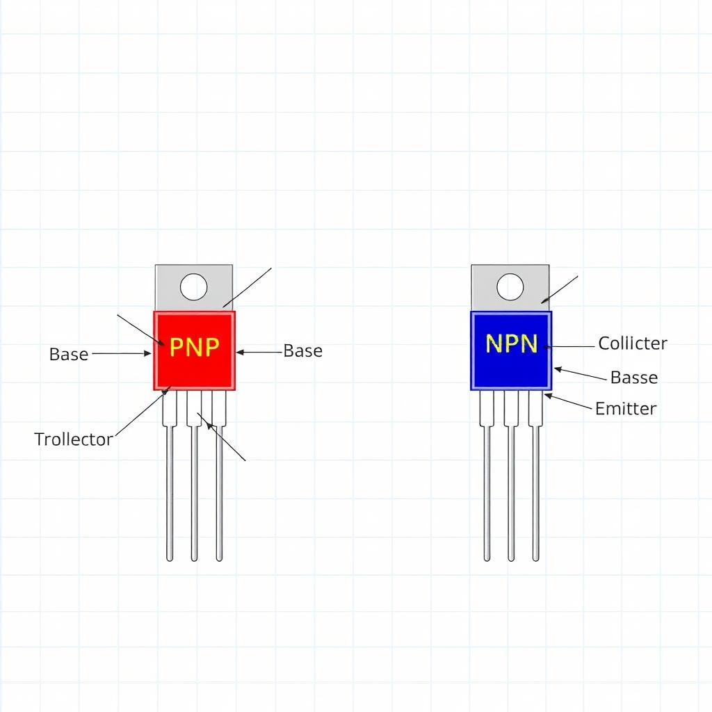 An educational illustration showing both a PNP and an NPN transistor side by side, with detailed labels highlighting their components such as the collector, base, and emitter