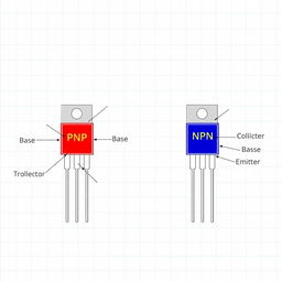 An educational illustration showing both a PNP and an NPN transistor side by side, with detailed labels highlighting their components such as the collector, base, and emitter