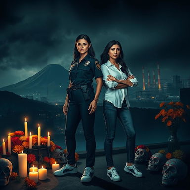 A mysterious and dramatic scene for a thriller/mystery novel cover featuring two women as central figures