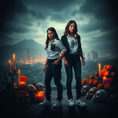 A mysterious and dramatic scene for a thriller/mystery novel cover featuring two women as central figures