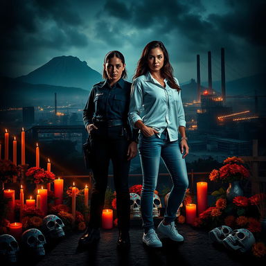 A mysterious and dramatic scene for a thriller/mystery novel cover featuring two women as central figures