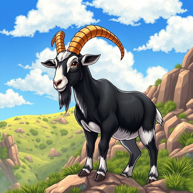 A vibrant and detailed illustration of a goat with spiraled horns, standing majestically on a rocky hillside