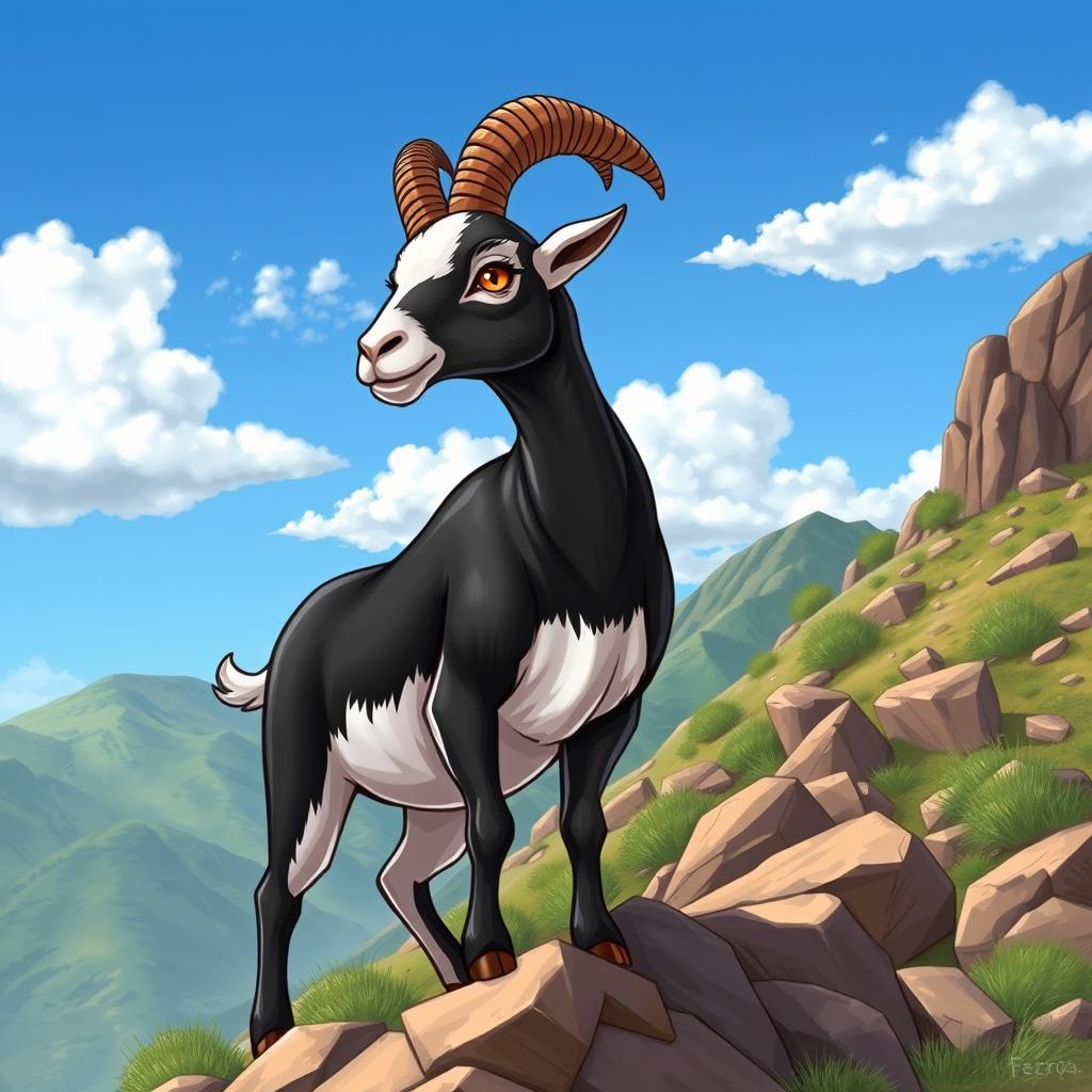 A vibrant and detailed illustration of a goat with spiraled horns, standing majestically on a rocky hillside