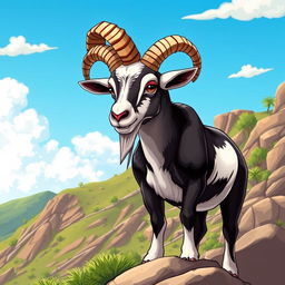 A vibrant and detailed illustration of a goat with spiraled horns, standing majestically on a rocky hillside