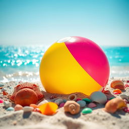 A bright, colorful beach ball lying on the sandy shore, surrounded by vibrant seashells and sparkling turquoise water in the background, under a clear blue sky