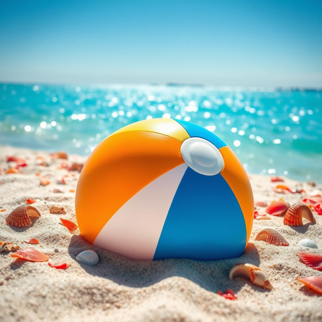 A bright, colorful beach ball lying on the sandy shore, surrounded by vibrant seashells and sparkling turquoise water in the background, under a clear blue sky