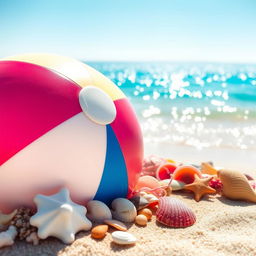 A bright, colorful beach ball lying on the sandy shore, surrounded by vibrant seashells and sparkling turquoise water in the background, under a clear blue sky